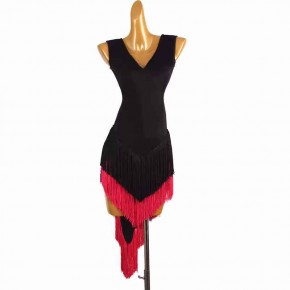 Women girls black red fringe latin dance dresses sleeveless v neck latin ballroom rumba salsa chacha dancing tuxedo skirts